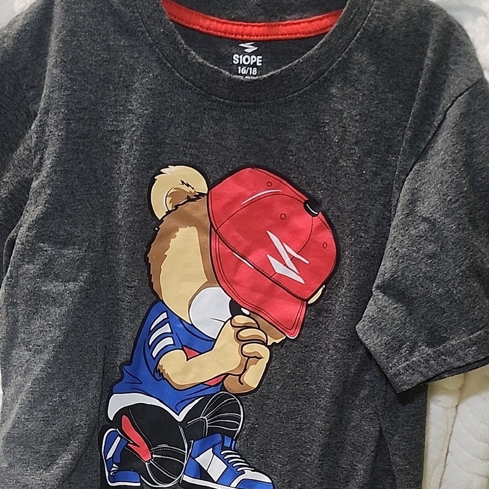 Kids Gray T-Shirt with Red and Blue Bear Design